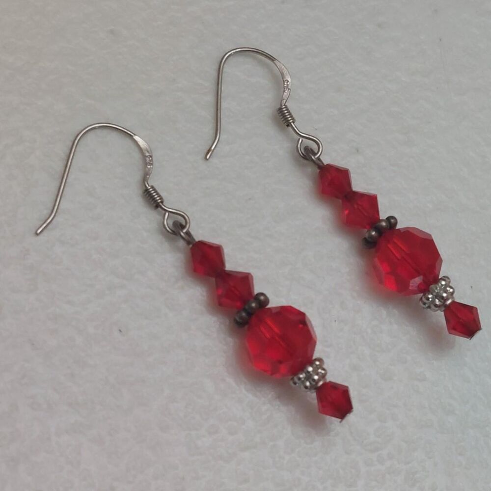 925 Sterling Silver Hook Red Glass Crystal Earrings with Silver Tone Accents
